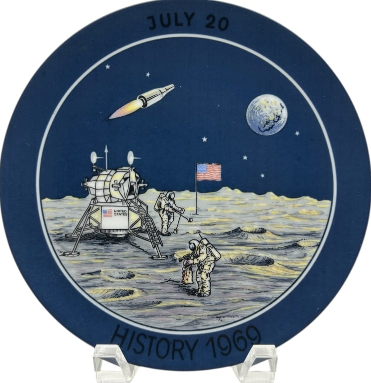 1969 MOON LANDING COLLECTOR PLATE WEST GERMANY: FIRST LIMITED EDITION MOON LANDING COMMEMORATIVE COLLECTOR PLATE MADE IN WEST GERMANY Vintage 1969 commemorative porcelain collector plate honoring the historic Apollo 11 moon landing, featuring a col