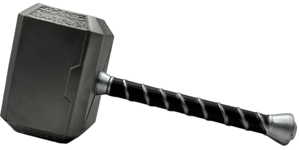 THOR MJOLNIR HAMMER REPLICA PROP: THOR MJOLNIR HAMMER REPLICA PROPThor Mjolnir hammer replica prop, modeled after the iconic weapon from Marvel’s God of Thunder, featuring a gray hammer head with decorative Norse-style detailing