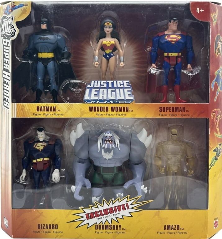 6-FIGURE DC SUPER HEROES JUSTICE LEAGUE BOX SET: DC SUPER HEROES JUSTICE LEAGUE UNLIMITED 6-FIGURE GIFT SET Mattel DC Super Heroes Justice League Unlimited boxed 6-figure gift set featuring Batman, Wonder Woman, Superman, Bizarro, Doomsday, and Amaz