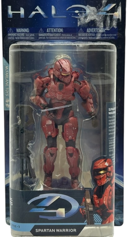 HALO 4 SPARTAN WARRIOR MCFARLANE ACTION FIGURE: HALO 4 SPARTAN WARRIOR MCFARLANE TOYS ACTION FIGURE Carded Halo 4 Spartan Warrior action figure by McFarlane Toys, Series 1, featuring red Mjolnir-style armor with weapon accessories in original retai