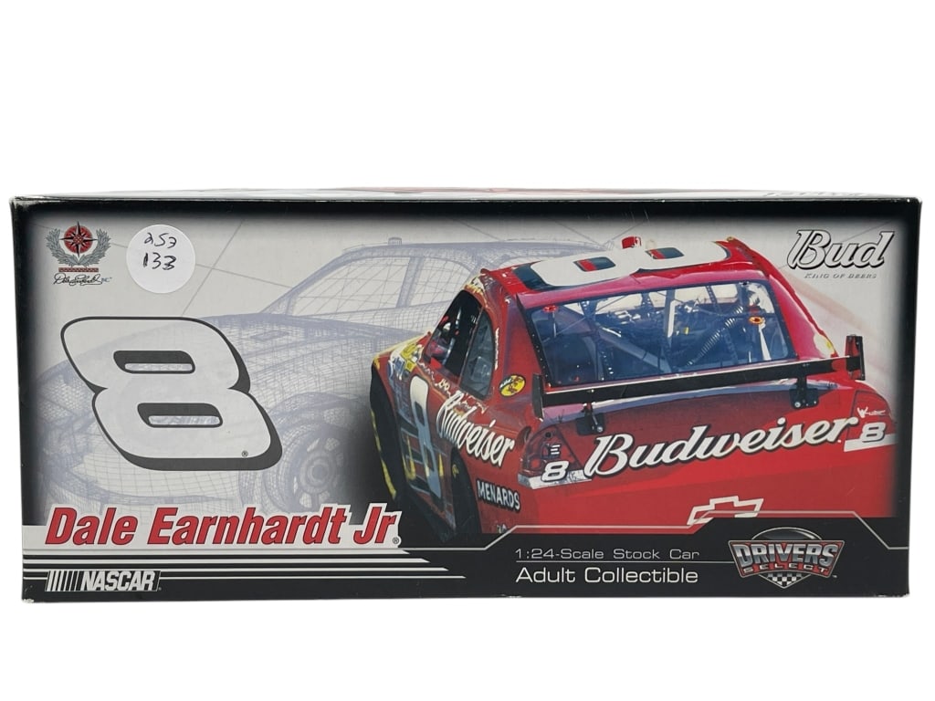 DALE JR BUDWEISER DIE CAST: DALE EARNHARDT JR #8 BUDWEISER 1:24 SCALE STOCK CAR ADULT COLLECTIBLE Dale Earnhardt Jr. #8 Budweiser 1:24 scale stock car adult collectible, a classic NASCAR die-cast featuring the iconic red Budweis