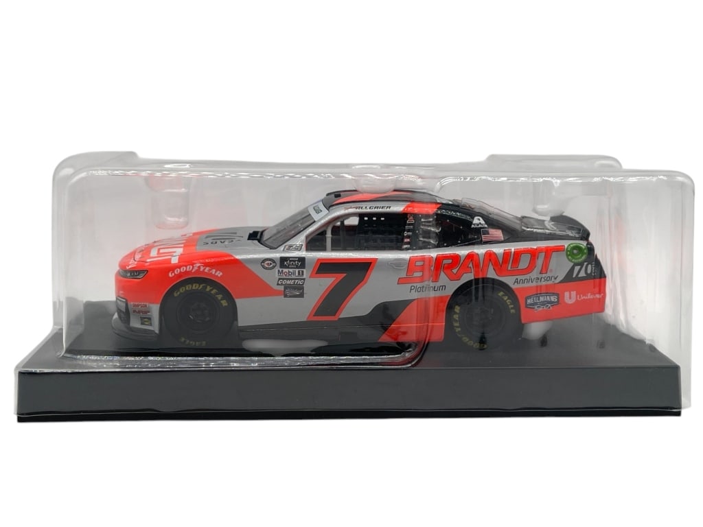 BRANDT #7 NASCAR DIE CAST: JUSTIN ALLGAIER BRANDT PLATINUM ANNIVERSARY #7 NASCAR DIE CAST CAR IN DISPLAY CASE Justin Allgaier #7 BRANDT Platinum Anniversary NASCAR die-cast car, a modern racing collectible featuring the silver,