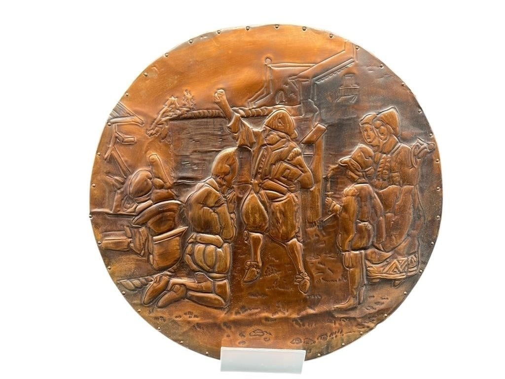 VTG COPPER RELIEF ON WOOD HAND TAPPED WALL ART 12": HAND-HAMMERED COPPER RELIEF WALL PLAQUE WITH FIGURAL SCENE -This round hand-hammered copper wall plaque features a detailed figural relief scene depicting multiple figures in period dress engaged in d