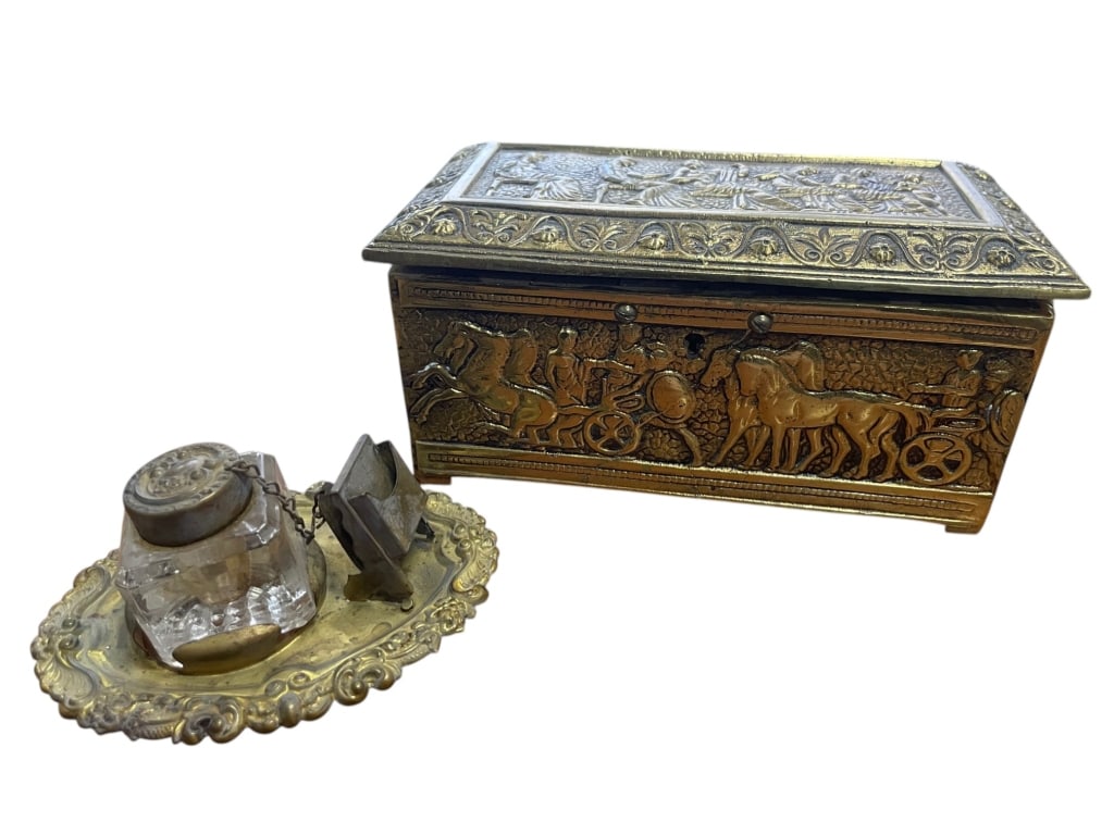 EMBOSSED BRASS TRINKET BOX & DESK INKWELL SET OF 2: VINTAGE LOT OF 2 DESK ITEMS Embossed brass trinket box with velvet lining and a lock with KEY! Desk inkwell in brass with exquisite detail AMAZING condition on both for age and use. By bidding on this