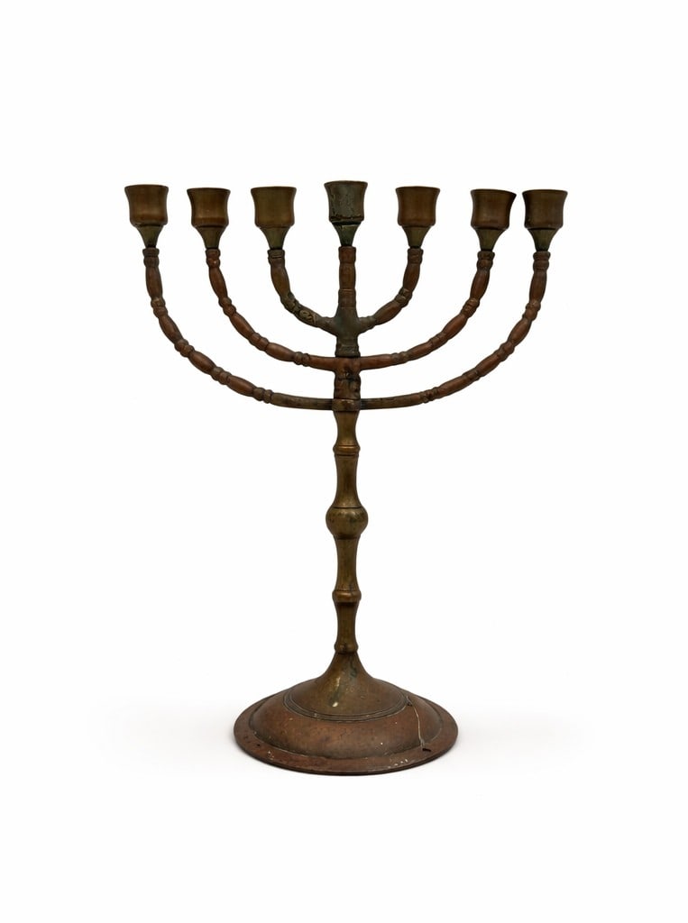 OLD ANTIQUE BRASS CANDELABRA MENORAH SPINS 10": OLD ANTIQUE BRASS CANDELABRA MENORAH SPINS 10" larger, rustic iron or patinated brass menorah with gracefully curved arms and turned central stem displaying a time worn charm from the Old World. Lrger