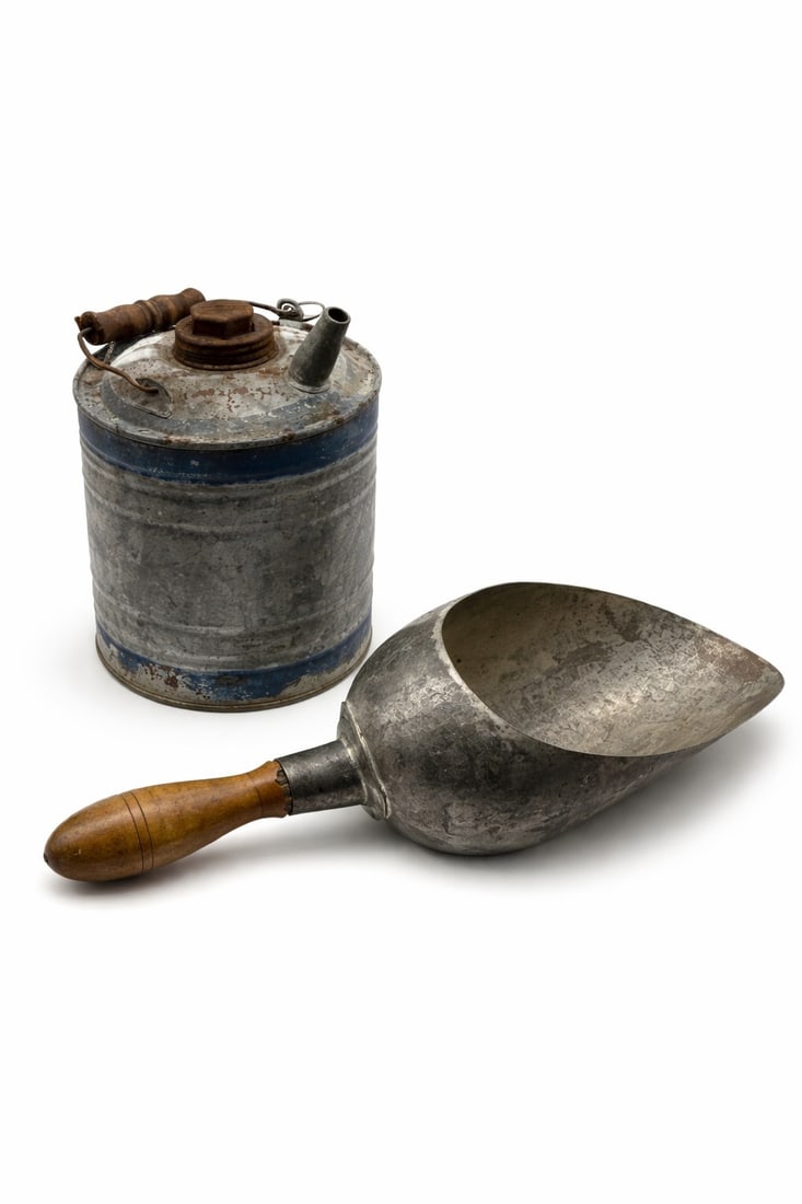 RUSTIC GALVANIZED STEEL OIL KETTLE & LARGE SCOOP (1 of 6)