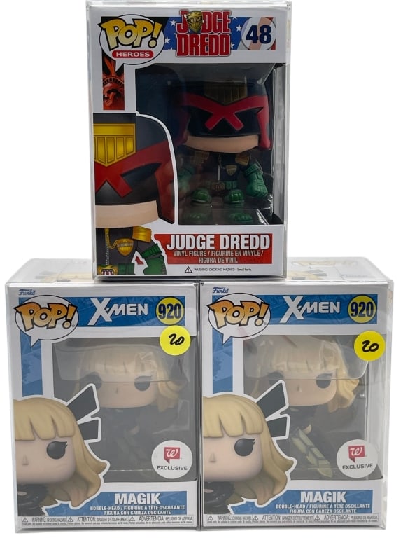 LOT OF 3 FUNKO POP FIGURES JUDGE DREDD: GROUP OF 3 BOXED FUNKO POP FIGURES INCLUDING JUDGE DREDD AND X MEN MAGIK Group of three boxed Funko Pop! figures including Judge Dredd Pop! Heroes #48 and two X-Men Magik Walgreens exclusive Pop! figu