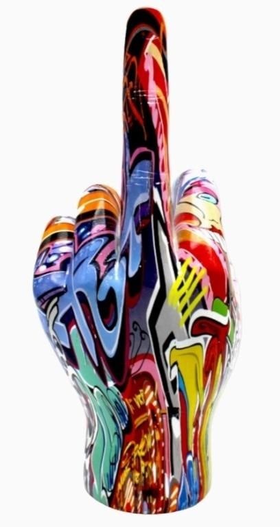 NEW GRAFFITI PAINTED MIDDLE FINGER "FICKLE" STATUE: This jumbo XXL street art inspired middle finger tabletop sculpture is a unique and lively addition to your room. At 11" tall this sculpture is a king size version of our regular size hand. Multiple c