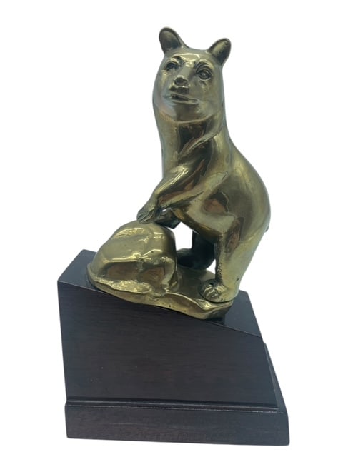 SOLID BRASS BEAR STATUE BLK SLANT TROPHY BASE 8" - 2
