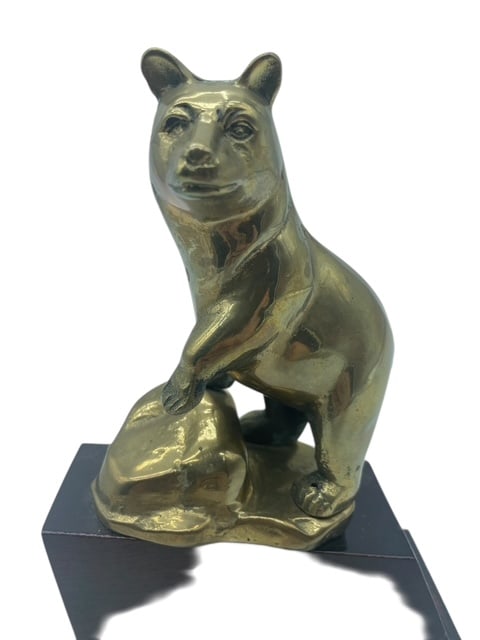 SOLID BRASS BEAR STATUE BLK SLANT TROPHY BASE 8" - 7