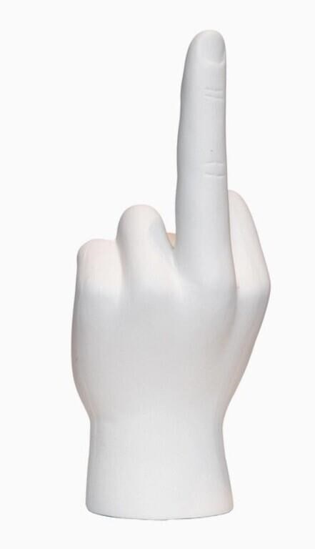 WHITE MIDDLE FICKLE FINGER TABLETOP SCULPTURE 9": WHITE MIDDLE FINGER TABLETOP SCULPTURE 9" -New -The White Tabletop Hand Sculpture features a sleek middle finger gesture, blending minimalist design with bold attitude for a standout piece in any mode
