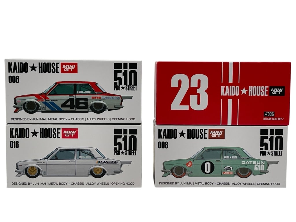 LOT OF 4 KAIDO HOUSE MINI GT DATSUN DIE CAST MODER: GROUP OF 4 KAIDO HOUSE MINI GT BOXED DATSUN DIE CAST MODELS Group of four Kaido House Mini GT boxed die-cast model cars featuring custom Datsun subjects, including multiple 510 Pro Street releases and