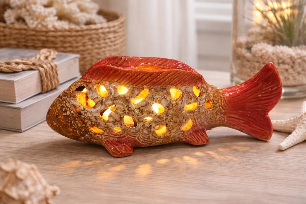 DECORATIVE PIERCED CERAMIC FISH GOLDFISH VESSEL: Decorative Pierced Ceramic Fish Vessel / FigurineGlazed ceramic fish-form vessel featuring an openwork (pierced) body with organic, coral-like cutouts. The piece displays a rich gradient glaze