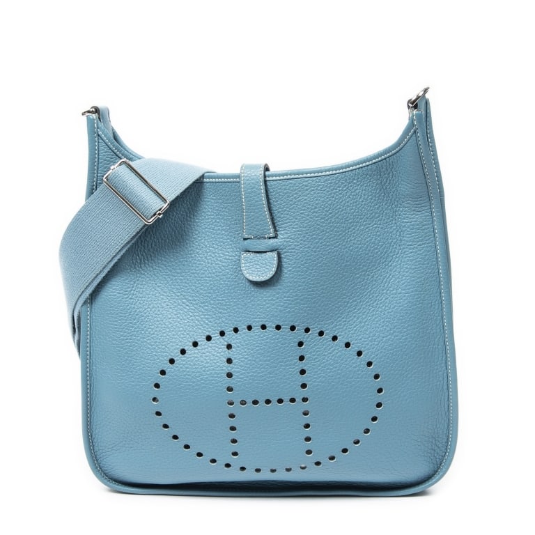 HERMÈS EVELYNE III JEAN CLEMENCE PALLADIUM BAG: Hermès Evelyne III GM Blue Jean Clemence Leather Palladium * COLOR: Blue Jean * PRODUCTION CODE: Stamp P in Square (2012) * INCLUDED: Strap A * CONDITION: 33*31*8cm * (3cm = 1inch