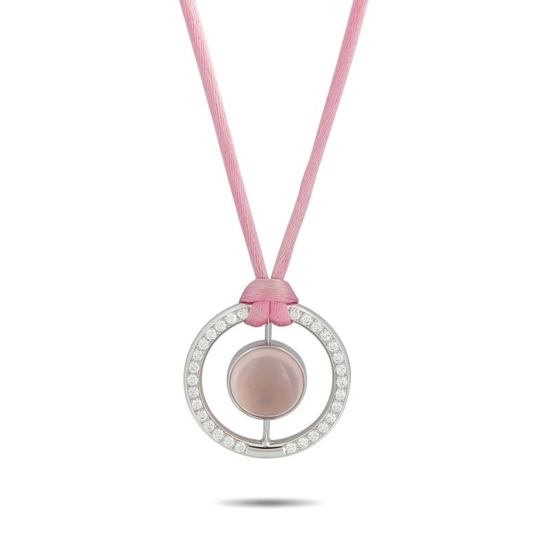 BUCHERER 18K 1.11CT DIAMOND ROSE QUARTZ NECKLACE: *SPECIAL SHIPPING on Luxury Jewelry READ BELOW* This Bucherer necklace is simply unforgettable. Perfect for anyone who loves the color pink, a stunning Rose Quartz gemstone is suspended at the center