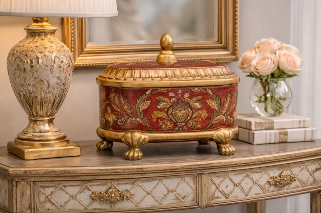 RAYMOND WAITES STUDIO LIDDED DECORATIVE BOX: Raymond Waites Studio Lidded Decorative Box / Container approximately 8" WIDE AND 6" TALL Raymond Waites is known for high-end decorative home accessories (1980s–2000s), often inspired by:European c