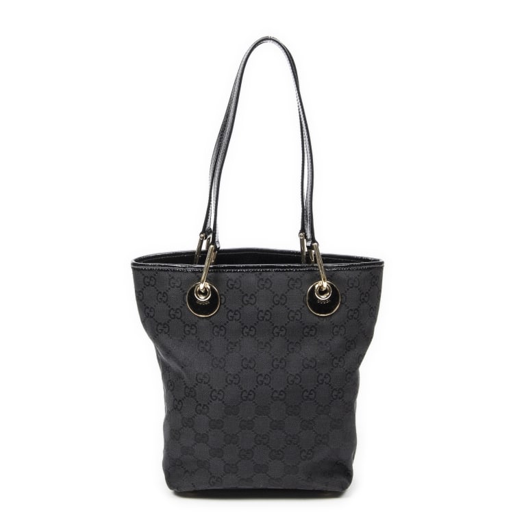GUCCI SMALL ECLIPSE SHOPPING BLACK MONOGRAM BAG: Gucci Small Eclipse Shopping Black Monogrammed Canvas Gold * COLOR: Black * PRODUCTION CODE: 120840 002404 * INCLUDED: None A * CONDITION: 17*24*10cm * (3cm = 1inch approximately) * Luxury bags are ke