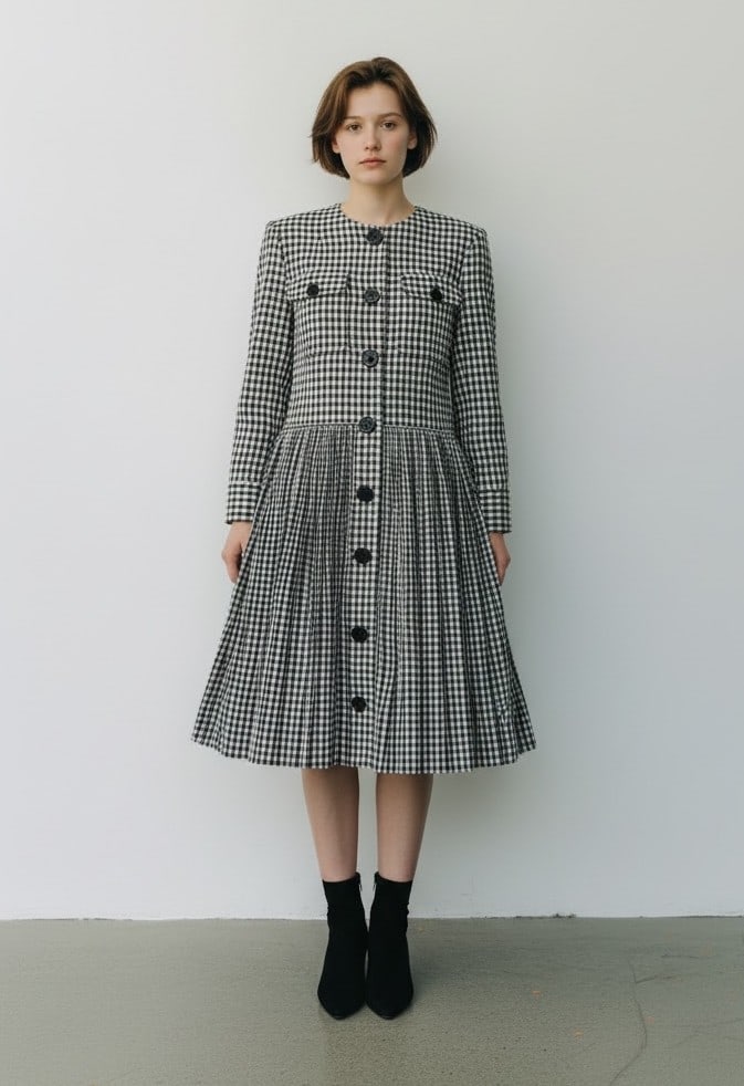 VALENTINO BLACK WHITE GINGHAM PLEATS DRESS SMALL: Valentino Black & White Gingham Pleated Day Dress Chic and timeless Valentino dress featuring a classic black and white gingham pattern. The design showcases a structured bodice with front button clos