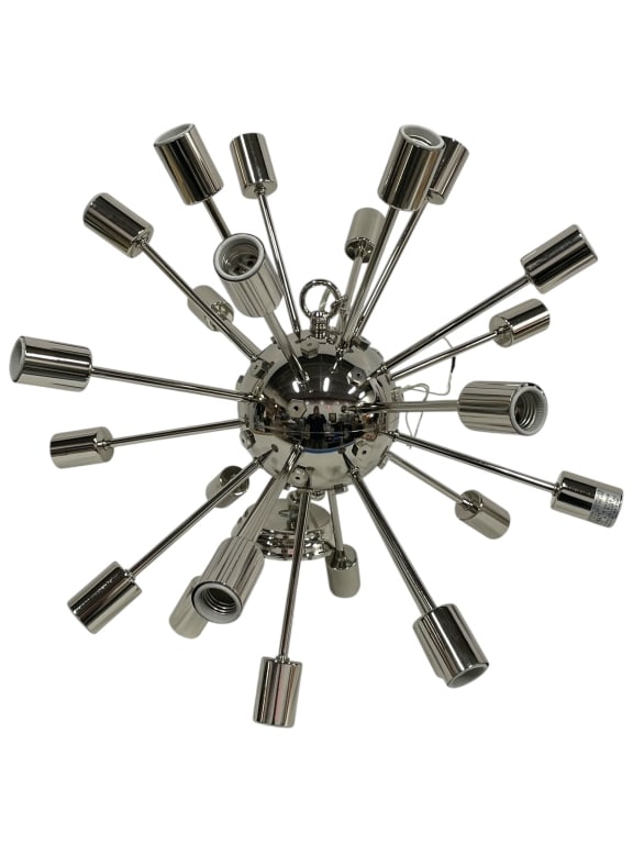 MID-CENTURY MODERN STYLE CHROME SPUTNIK CHANDELIER: MID-CENTURY MODERN STYLE CHROME SPUTNIK CHANDELIER – IMPRESSIVE TWENTY-LIGHT SPUTNIK FIXTURE WITH POLISHED CHROME FINISH. RADIATING ARMS EXTEND FROM A CENTRAL SPHERE, EACH FITTED WITH A BULB
