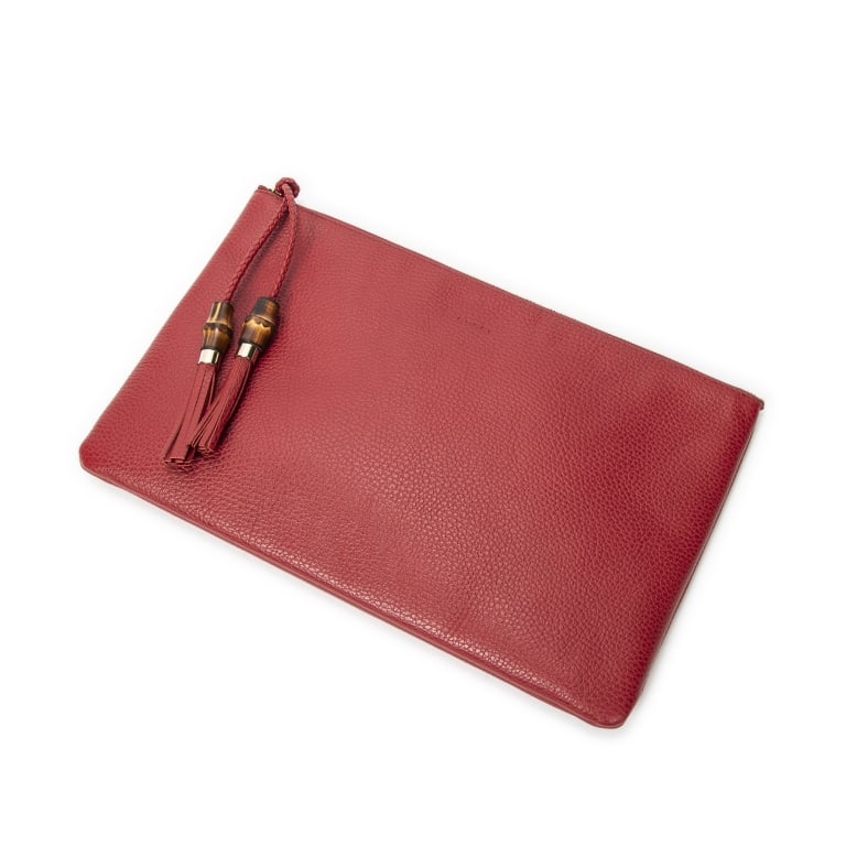 GUCCI BAMBOO TASSEL ZIP CLUTCH RED CALFSKIN BAG: Gucci Bamboo Tassel Zip Clutch Red Grained Calfskin Leather Gold * COLOR: Red * PRODUCTION CODE: 449653 493075 * INCLUDED: None A * CONDITION: 34*20*1.5cm * (3cm = 1inch approximately) *