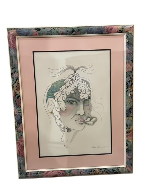 ORIG INK DRAWING JAPANESE AKIRA SHIMAYA PORTRAIT: - ORIGINAL artwork in ink- by Japanese artist Akira Shimaya - Frame is painted to match Surrealistic portrait - Good condition for all '- Measures 30" tall and 26" wide. msn By bidding on this