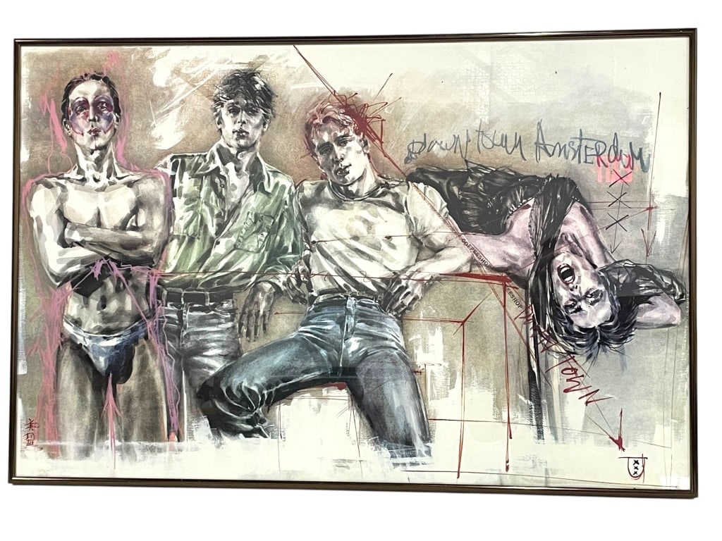 M.HERMUS COFFEE SHOP DOWNTOWN AMSTERDAM PRINT 35": *for alternative shipping options please go to www.dejavuauctionshipping.com-MILOU HERMUS “COFFEESHOP – DOWNTOWN AMSTERDAM” FRAMED CONTEMPORARY ART PRINT-Bold contemporary framed art print