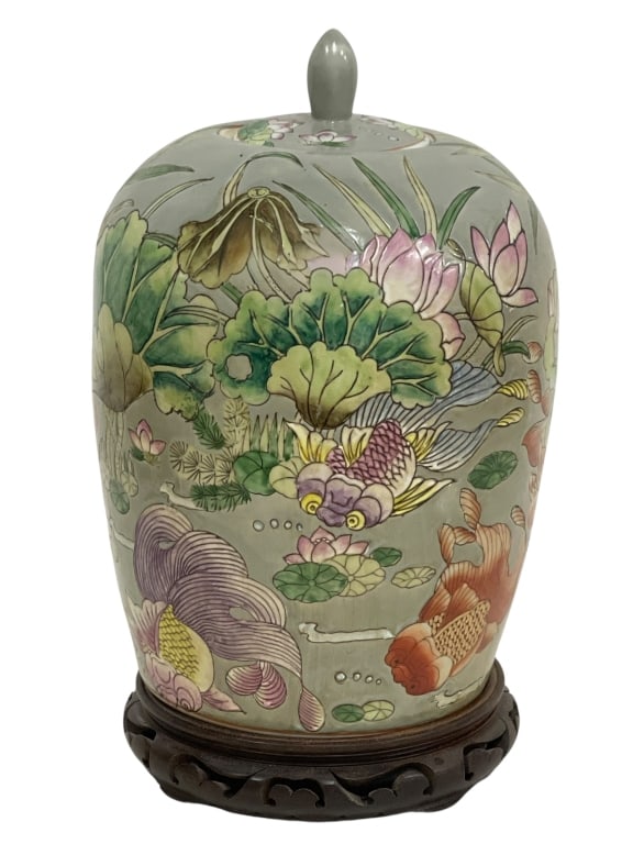 CHINESE PORCELAIN KOI FISH & LOTUS GINGER JAR 13" (1 of 6)