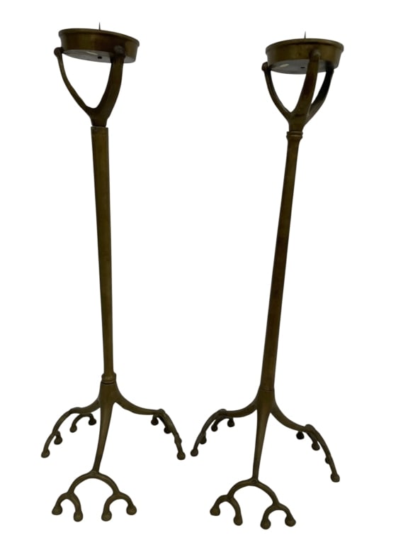 TIFFANY STUDIOS STYLE BRASS ROOT CANDLESTICKS 20": *for alternative shipping options please go to www.dejavuauctionshipping.com -PAIR OF TIFFANY STUDIOS STYLE BRASS ROOT FORM CANDLESTICKS MARKED SILVESTRI -Elegant pair of tall brass candlesticks craft