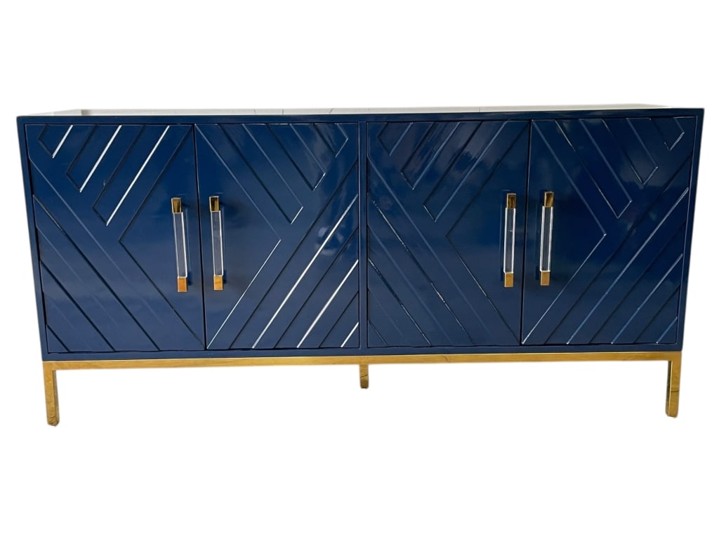 NAVY BLUE LACQUER GEOMETRIC CREDENZA W BRASS (1 of 8)