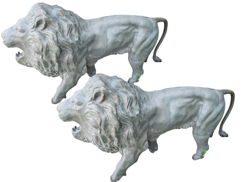 MONUMENTAL PAIR BRONZE LION GARDEN SCULPTURES 65": ***PICK UP BY CONFIRMED APPOINTMENT ONLY AT BOCA RATON LOCATION MAKE APPOINTMENT @ WWW.DEJAVUAUESTATES@AOL.COM MONUMENTAL PAIR OF BRONZE LION GARDEN SCULPTURES -Impressive monumental pair of bronze li
