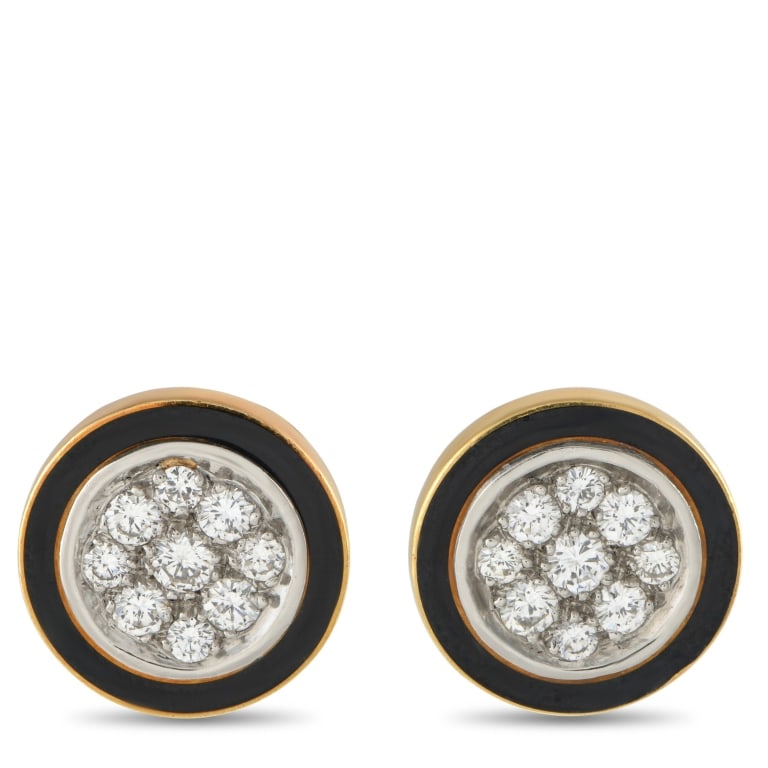 18K YELLOW GOLD 1.0CT DIAMOND ENAMEL EARRINGS: *SPECIAL SHIPPING on Luxury Jewelry READ BELOW* A striking geometric design makes these earrings instantly eye-catching. At the center of the round 18K Yellow Gold setting, Diamonds totaling 1.0 carat
