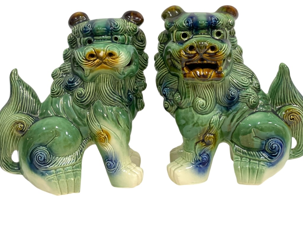 LG CHINESE GREEN GLAZE FOO DOGS GUARDIAN LIONS 12" (1 of 7)