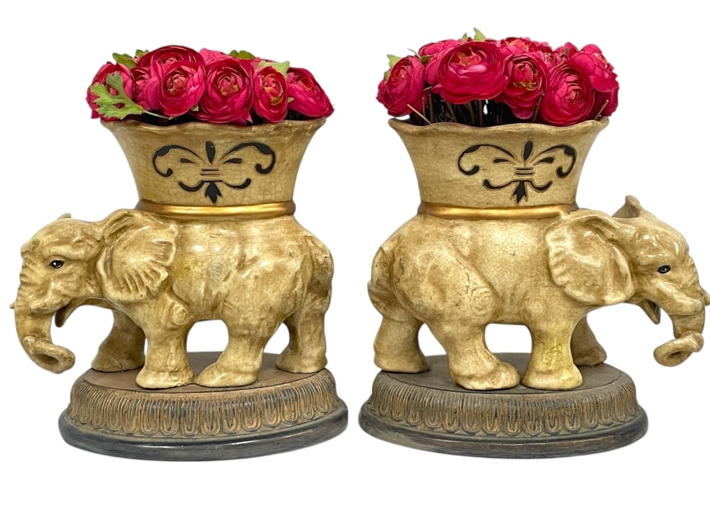 MAITLAND SMITH STYLE ELEPHANT PEDESTAL VASES 9": *for alternative shipping options please go to www.dejavuauctionshipping.com -PAIR OF MAITLAND SMITH STYLE DECORATIVE ELEPHANT PEDESTAL VASES WITH FLEUR-DE-LIS MOTIF 9" X 8" X 5" APPROX -Charming pair