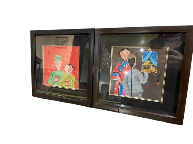 WU CHI WONG MODERNIST GOUACHE PAINTNGS PAIR FAMILY: - Artist signed Wu Chi Wong - Modernist Chinese - Gouache paint on both pieces - One mother and son, one father and daughter - Classic family love and scenes - Great condition with some bumps on the f