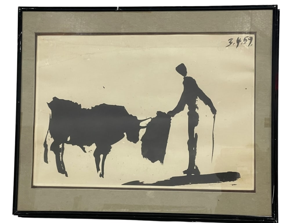 PABLO PICASSO TOROS Y TOREROS BULLFIGHT PRINT 20": *for alternative shipping options please go to www.dejavuauctionshipping.com -AFTER PABLO PICASSO “TOROS Y TOREROS” BULLFIGHT SILHOUETTE ART PRINT 16" X 20" APPROX TO FRAME -Striking framed ar