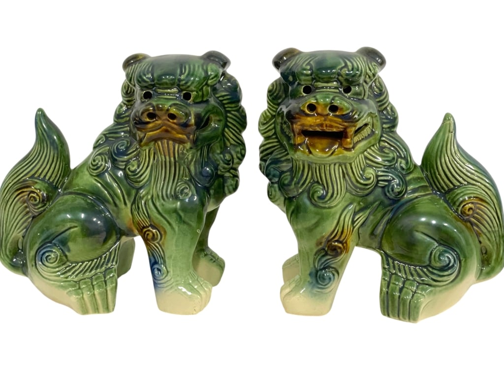 CHINESE GREEN GLAZED FOO DOG GUARDIAN LIONS 9" (1 of 9)