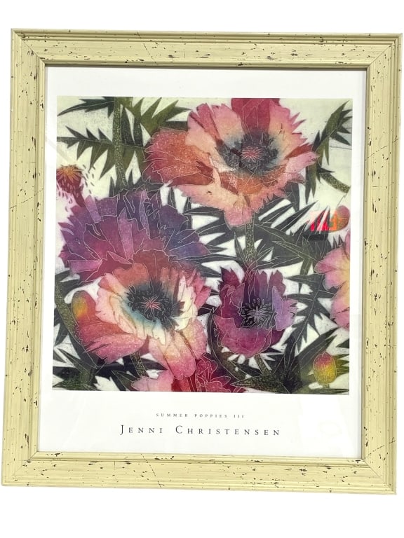 J. CHRISTENSEN SUMMER POPPIESFLORAL ART PRINT 27": *for alternative shipping options please go to www.dejavuauctionshipping.com -JENNI CHRISTENSEN “SUMMER POPPIES III” FRAMED FLORAL ART PRINT -Beautiful framed floral art print titled “Summer