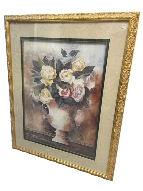 "ROSES IN URN" LAUREN GALLERIES LITHOGRAPH 50" H: *For ALTERNATIVE SHIPPING QUOTES or local PICKUP details, please visit www.dejavuauctionshipping.com*GORGEOUS "ROSES IN URN" ARTWORK LITHOGRAPH ART FRAMED- 50" heigth- 40" wide- A grand piece of art