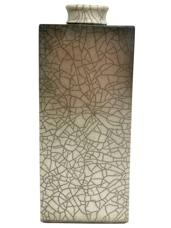 RAKU STYLE CRACKLE GLAZE CERAMIC VASE 12": *for alternative shipping options please go to www.dejavuauctionshipping.com-CONTEMPORARY RAKU STYLE CRACKLE GLAZE RECTANGULAR CERAMIC VASE SCULPTURAL FORM-Contemporary ceramic vase featuring a tall