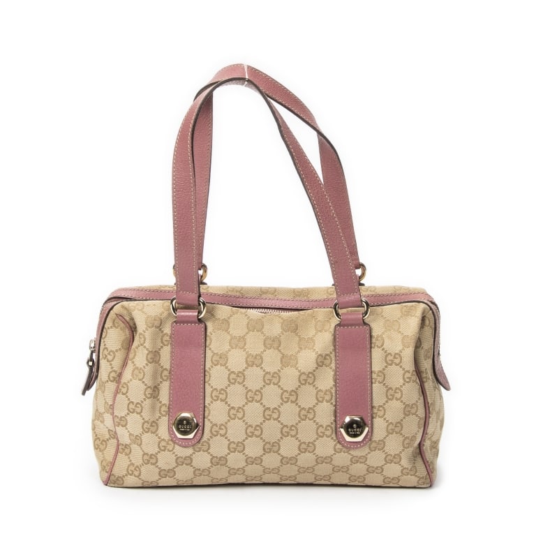 GUCCI CHARMY BOSTON PINK/BEIGE MONOGRAM BAG: Gucci Charmy Boston Pink/Beige Monogrammed Canvas Gold * COLOR: Pink/Beige * PRODUCTION CODE: 152457-002122 * INCLUDED: None AB * CONDITION: 29*17*10cm * (3cm = 1inch approximately) * Luxury