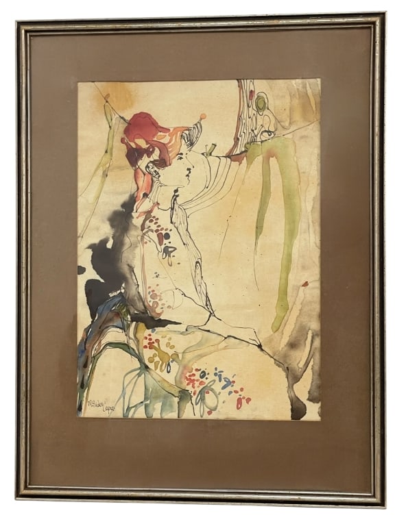 M. SIDES COPUS FIGURE IN GOWN WATERCOLOR 25": *for alternative shipping options please go to www.dejavuauctionshipping.com-MYRA SIDES COPUS “FIGURE IN GOWN” ORIGINAL WATERCOLOR FRAMED-Original watercolor painting titled “Figure in