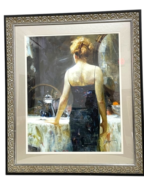 PINO LATE NIGHT TEA ROMANTIC ART PRINT 23": *for alternative shipping options please go to www.dejavuauctionshipping.com-PINO “LATE NIGHT TEA” FRAMED ROMANTIC FIGURATIVE ART PRINT-Elegant framed art print titled “Late Night