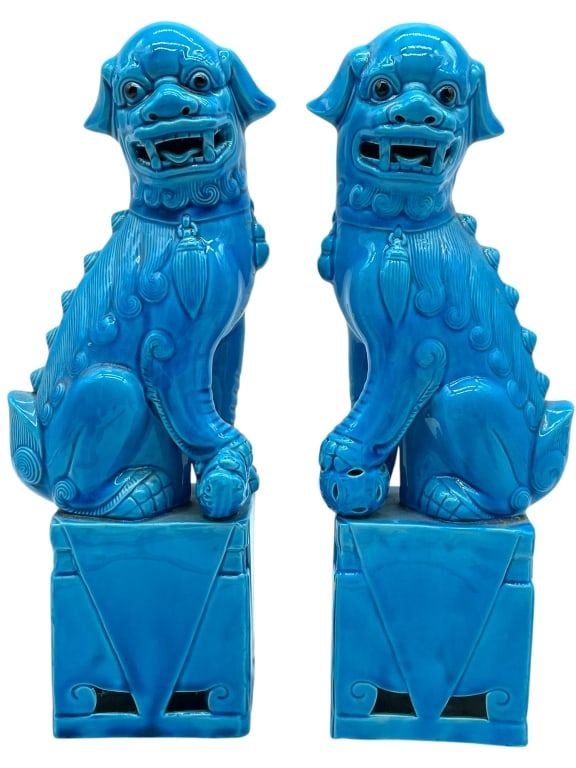 TURQUOISE GLAZED CHINESE STYLE FOO DOGS 12", PAIR: *for alternative shipping options please go to www.dejavuauctionshipping.com-PAIR OF TURQUOISE GLAZED CHINESE STYLE FOO DOG GUARDIAN STATUES-Striking pair of Chinese style foo dog guardian statues