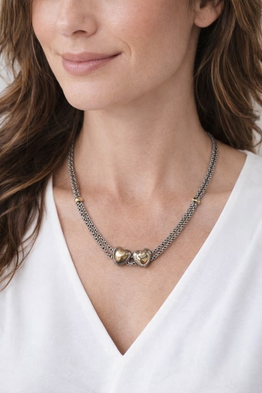 TIFFANY & CO STERLING DOUBLE HEART ROPE 925 14K: *For ALTERNATIVE SHIPPING QUOTES, please visit www.dejavuauctionshipping.com*- Signed T&Co for Tiffany & Co- STerling silver double rope with double hearts- The dreamiest Valentines Day gift for her!