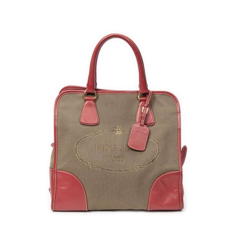 PRADA CONVERTIBLE JACQUARD LOGO TOTE RED BAG: Prada Convertible Jacquard Logo Tote Khaki/Red Jacquard Canvas Gold * COLOR: Khaki/Red * PRODUCTION CODE: 194 * INCLUDED: Strap, Luggage Tag A * CONDITION: 31*30*16cm * (3cm = 1inch