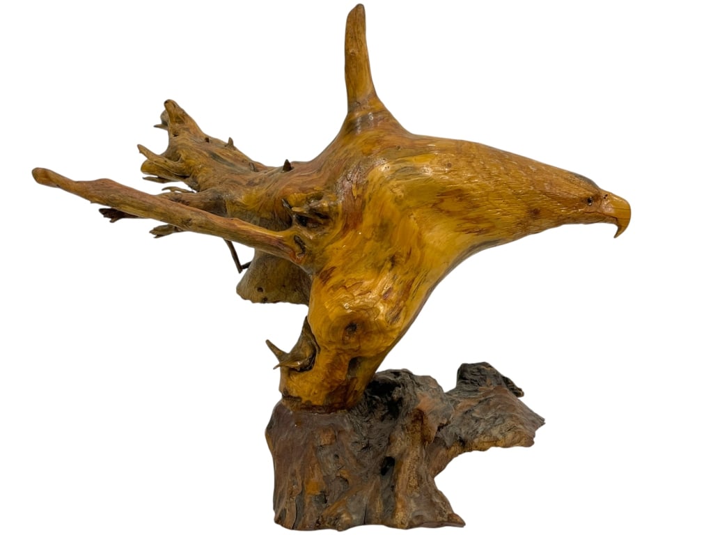 CARVED DRIFTWOOD EAGLE SCULPTURE NATURAL ROOT 13": *for alternative shipping options please go to www.dejavuauctionshipping.com -CARVED DRIFTWOOD EAGLE SCULPTURE NATURAL ROOT FOLK ART DECOR -Striking natural wood sculpture carved from driftwood or a r