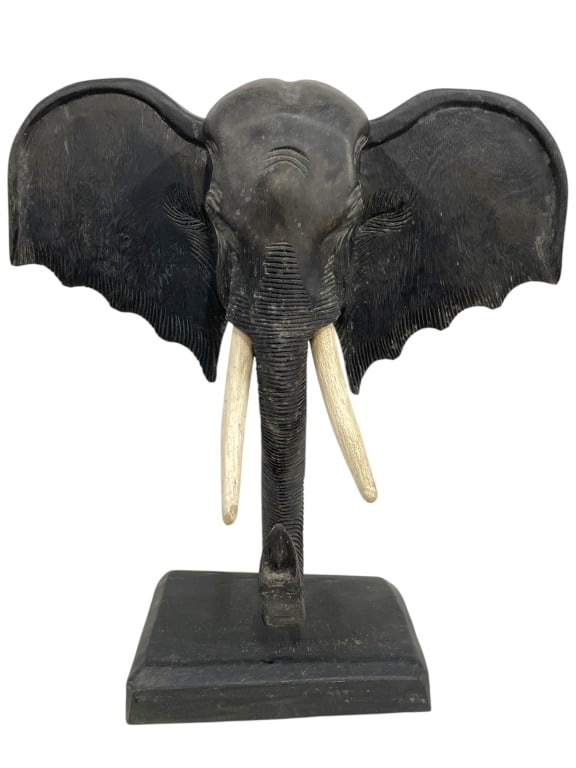CARVED WOOD AFRICAN ELEPHANT HEAD BUST W STAND 20" (1 of 6)