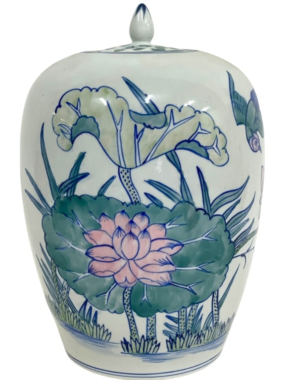 CHINESE STYLE PORCELAIN LIDDED GINGER 13": CHINESE STYLE PORCELAIN LIDDED GINGER JAR WITH LOTUS DECOR-Elegant Chinese style porcelain ginger jar featuring beautifully hand-painted lotus flowers, lily pads, and aquatic foliage in soft celadon