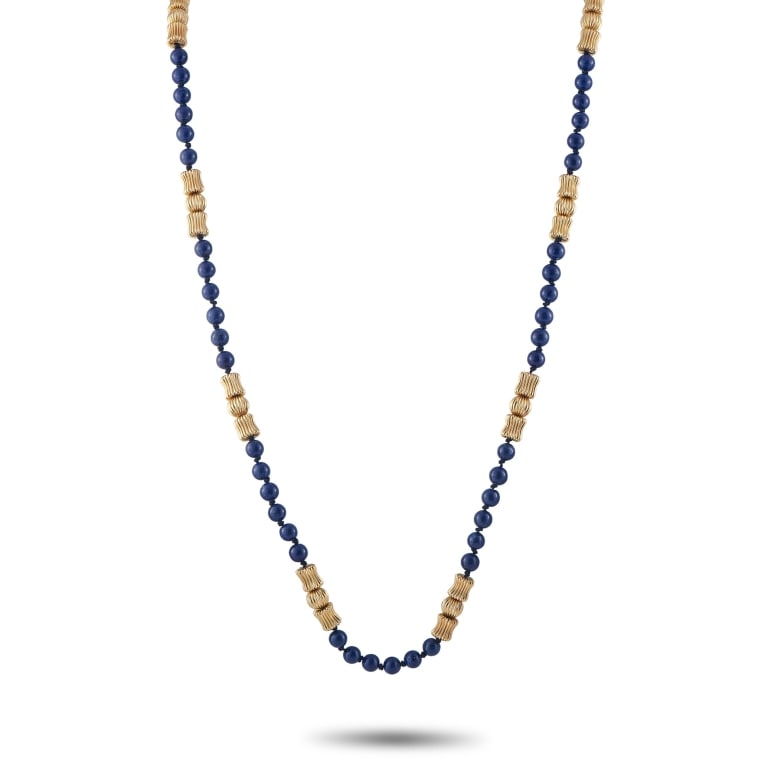 14K YELLOW GOLD LAPIS NECKLACE: *SPECIAL SHIPPING on Luxury Jewelry READ BELOW* Lapis beads are juxtaposed with lustrous 14K Yellow Gold accents on this exquisite necklace. Bold and incredibly dramatic, it measures 27 long and will