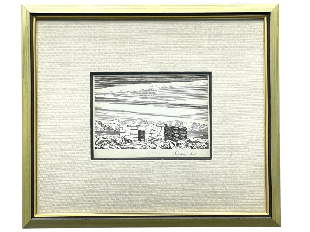 ROCKWELL KENT SIGNED WOODCUT 4.5" x 6": ****for competitive shipping options please go to www.dejavuauctionshipping.com ROCKWELL KENT PEN AND INK WOODCUT ENGRAVING – LANDSCAPE WITH STONE STRUCTURE PENCIL SIGNED -Ink Woodcut by Rockwell Ke